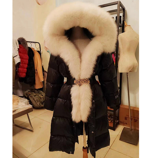 Chaqueta de Pato con Plumón y Cuello de Zorro Real - Abrigo Cálido Dorado Negro - Image 19