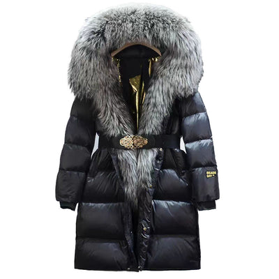 Chaqueta de Pato con Plumón y Cuello de Zorro Real - Abrigo Cálido Dorado Negro - Image 22