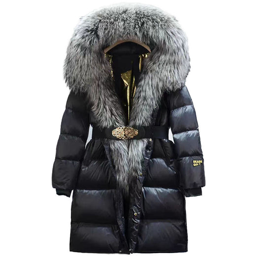 Chaqueta de Pato con Plumón y Cuello de Zorro Real - Abrigo Cálido Dorado Negro - Image 22