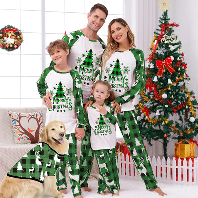 Matching family Christmas pajamas in green and white plaid with deer and Christmas tree graphics. - Image 35