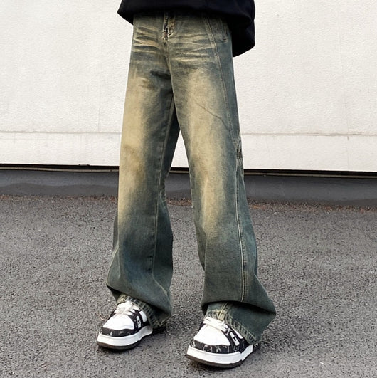 Jeans Vintage Desgastado Amarillo Mud Estilo Retro Americano para Hombre - Image 12