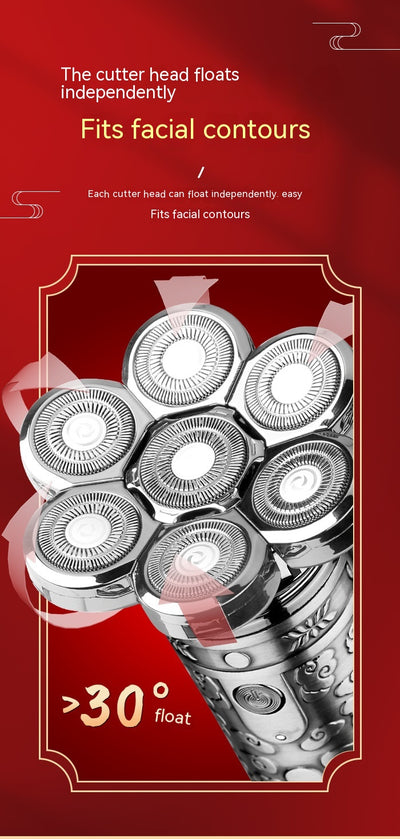 Dark grey electric shaver with a seven-head rotary design and an ornate, embossed pattern on its body. - Image 6