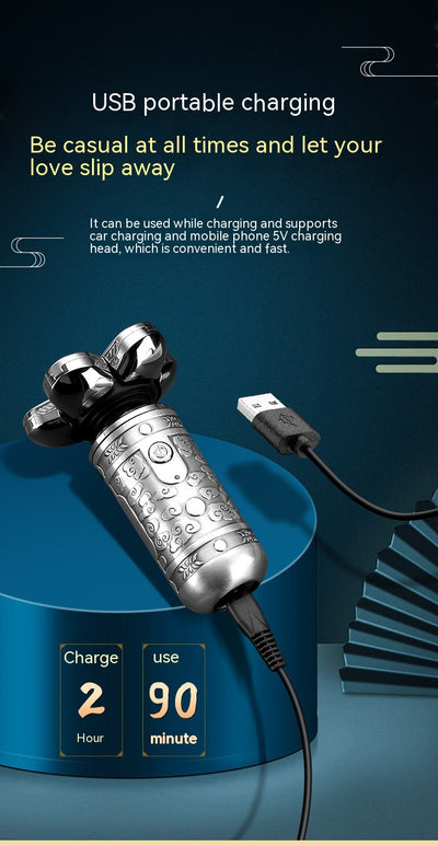 Dark grey electric shaver with a seven-head rotary design and an ornate, embossed pattern on its body. - Image 9