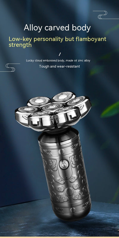 Dark grey electric shaver with a seven-head rotary design and an ornate, embossed pattern on its body. - Image 15