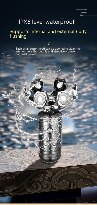 Dark grey electric shaver with a seven-head rotary design and an ornate, embossed pattern on its body. - Image 16