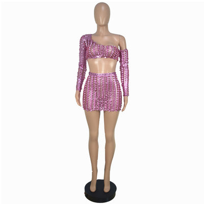 Black net hole hollow-out two-piece set with one-shoulder long-sleeve crop top and matching mini skirt. - Image 40