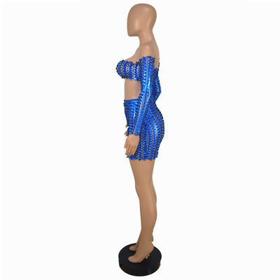 Black net hole hollow-out two-piece set with one-shoulder long-sleeve crop top and matching mini skirt. - Image 41