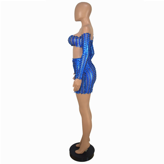Black net hole hollow-out two-piece set with one-shoulder long-sleeve crop top and matching mini skirt. - Image 41