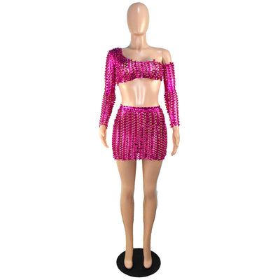 Black net hole hollow-out two-piece set with one-shoulder long-sleeve crop top and matching mini skirt. - Image 42