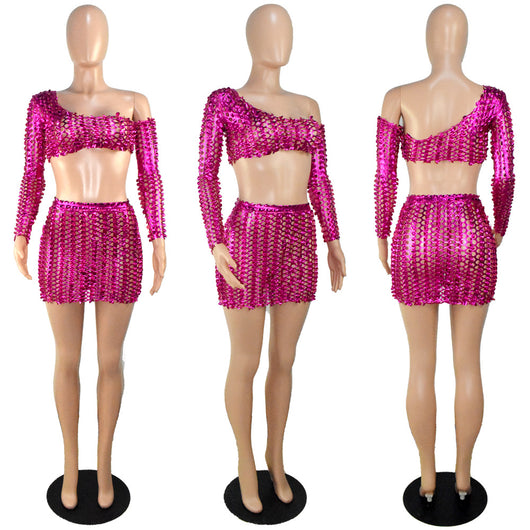 Black net hole hollow-out two-piece set with one-shoulder long-sleeve crop top and matching mini skirt. - Image 43