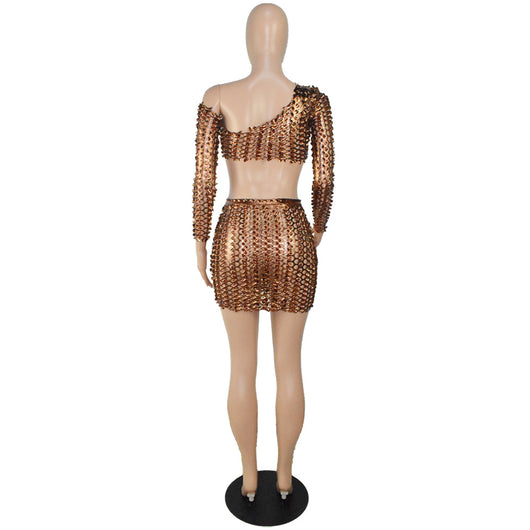 Black net hole hollow-out two-piece set with one-shoulder long-sleeve crop top and matching mini skirt. - Image 44