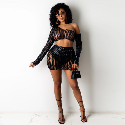 Black net hole hollow-out two-piece set with one-shoulder long-sleeve crop top and matching mini skirt. - Image 45