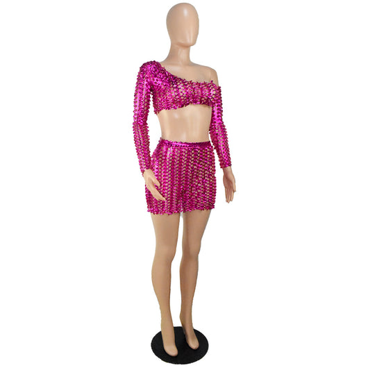 Black net hole hollow-out two-piece set with one-shoulder long-sleeve crop top and matching mini skirt. - Image 46
