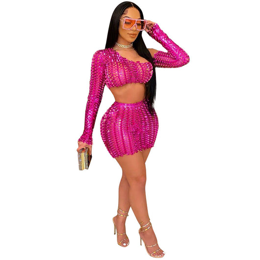 Black net hole hollow-out two-piece set with one-shoulder long-sleeve crop top and matching mini skirt. - Image 47