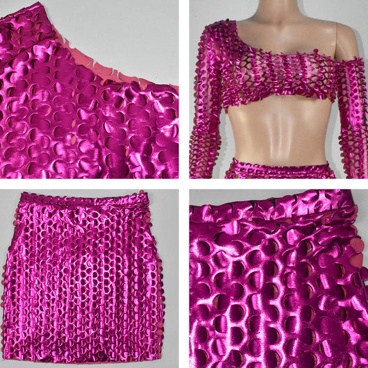 Black net hole hollow-out two-piece set with one-shoulder long-sleeve crop top and matching mini skirt. - Image 52
