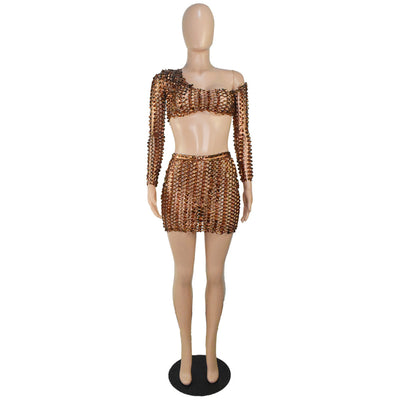 Black net hole hollow-out two-piece set with one-shoulder long-sleeve crop top and matching mini skirt. - Image 54