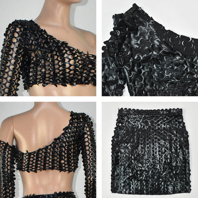 Black net hole hollow-out two-piece set with one-shoulder long-sleeve crop top and matching mini skirt. - Image 55