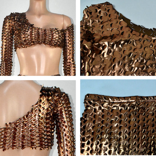 Black net hole hollow-out two-piece set with one-shoulder long-sleeve crop top and matching mini skirt. - Image 56