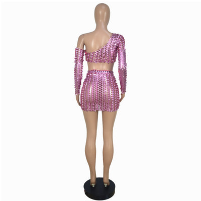 Black net hole hollow-out two-piece set with one-shoulder long-sleeve crop top and matching mini skirt. - Image 57