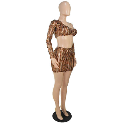 Black net hole hollow-out two-piece set with one-shoulder long-sleeve crop top and matching mini skirt. - Image 58