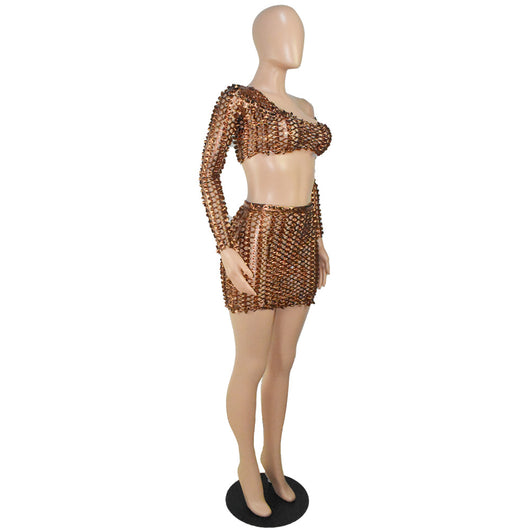 Black net hole hollow-out two-piece set with one-shoulder long-sleeve crop top and matching mini skirt. - Image 58