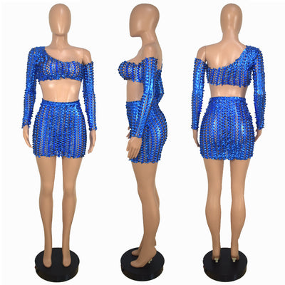 Black net hole hollow-out two-piece set with one-shoulder long-sleeve crop top and matching mini skirt. - Image 60