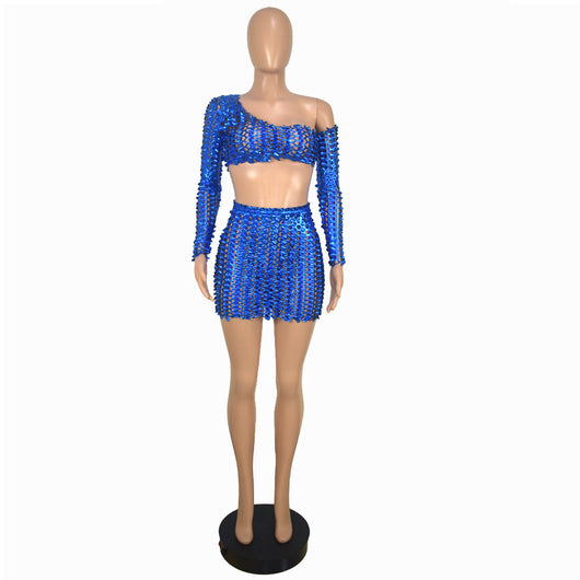 Black net hole hollow-out two-piece set with one-shoulder long-sleeve crop top and matching mini skirt. - Image 64