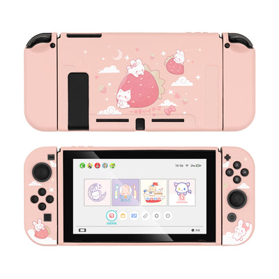Pink protective case for Nintendo Switch with cute white rabbit and cloud pattern, covering console and Joy-Cons. - Image 8