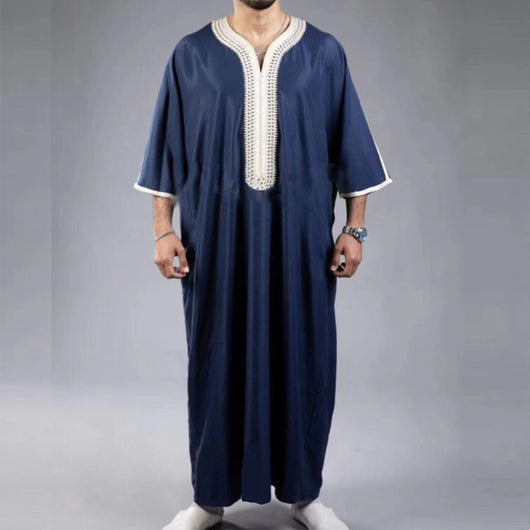 Túnica Árabe Azul Marino Bordada Manga Corta para Hombre - Image 5