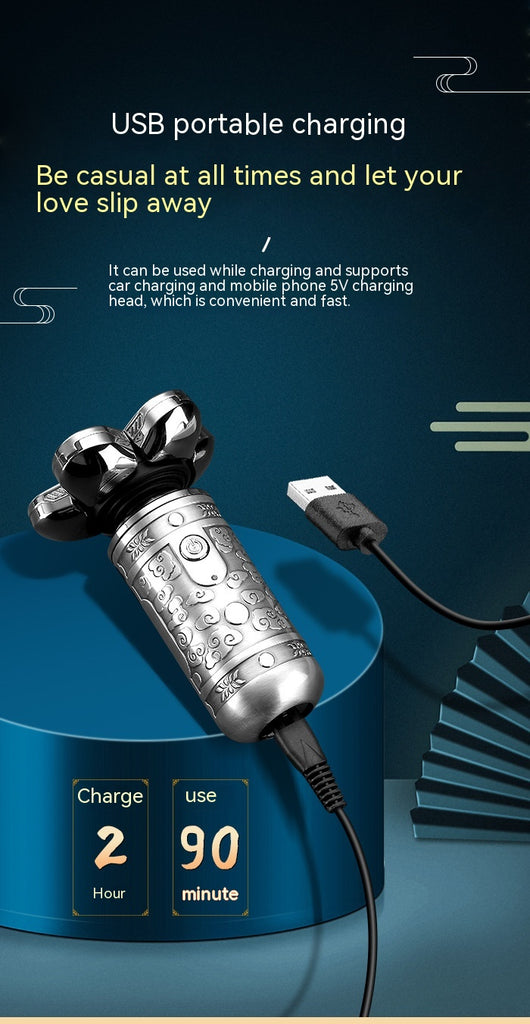 Dark grey electric shaver with a seven-head rotary design and an ornate, embossed pattern on its body. - Image 22