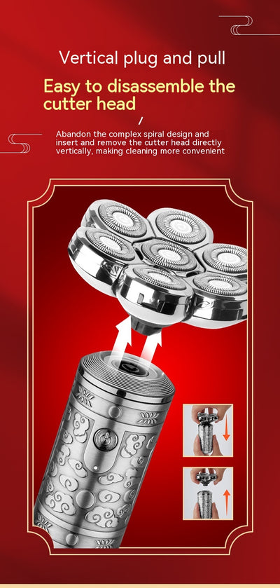 Dark grey electric shaver with a seven-head rotary design and an ornate, embossed pattern on its body. - Image 23