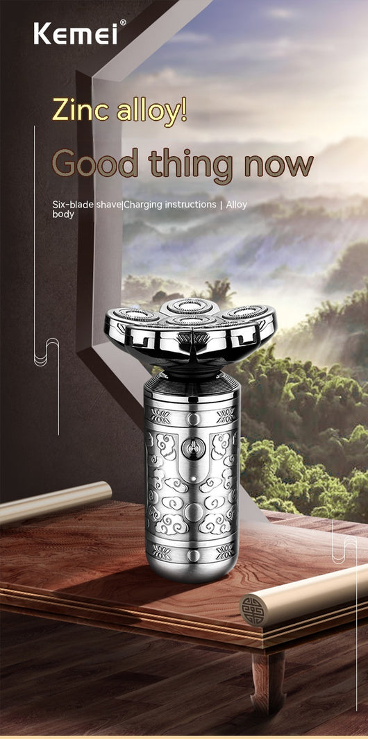 Dark grey electric shaver with a seven-head rotary design and an ornate, embossed pattern on its body. - Image 30