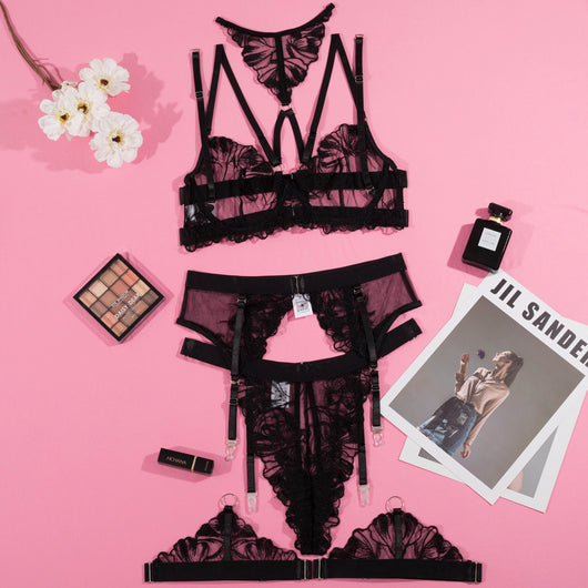 Black mesh and lace lingerie set with embroidered details, including a strappy bra, thong, garter belt, and leg garters. - Image 18