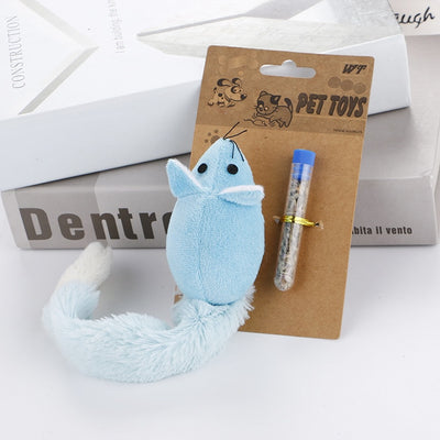 Light blue plush mouse cat toy with a long white and blue tail, packaged with a small tube of catnip. - Image 17