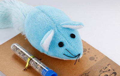 Light blue plush mouse cat toy with a long white and blue tail, packaged with a small tube of catnip. - Image 18