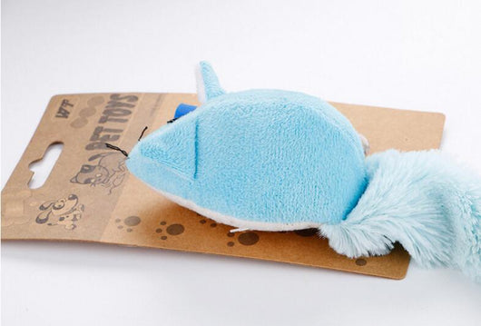 Light blue plush mouse cat toy with a long white and blue tail, packaged with a small tube of catnip. - Image 19