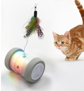 Automatic cat teasing toy with a white roller base and gray wheels, featuring a colorful feather attachment. - Image 19