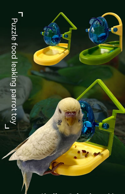 Small blue, yellow, and green parrot food leakage toy with a rotating dispenser and catch tray. - Image 11