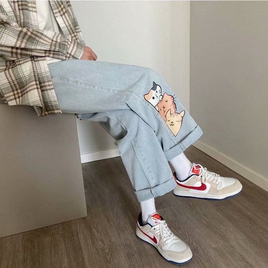 Jeans Rectos Sueltos para Hombre con Estampado Gatito - Image 18