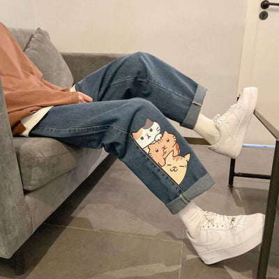 Jeans Rectos Sueltos para Hombre con Estampado Gatito - Image 20