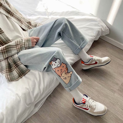 Jeans Rectos Sueltos para Hombre con Estampado Gatito - Image 21