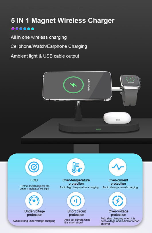 Estación de Carga Magnética 5 en 1: Cargador Inalámbrico 15W para Reloj, Auriculares y Celular - Image 15
