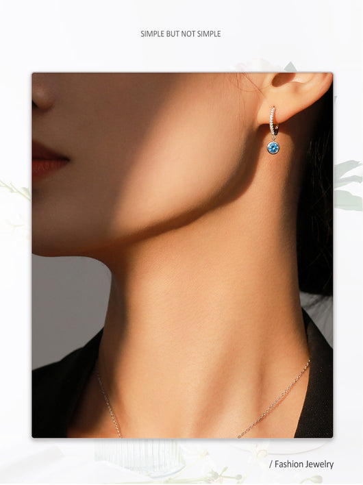 Women's light luxury jewelry set with a silver-toned necklace and hoop earrings, each featuring a sea blue artificial diamond pendant and clear artificial diamo - Image 15