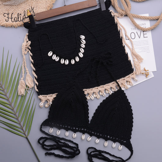 Traje de Baño Mujer Playa Diseño Artesanal Conchitas Cordones Laterales Escote - Image 20