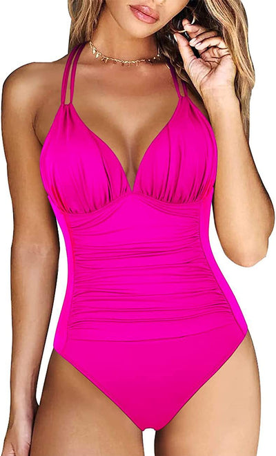 Teal halter one-piece swimsuit with a deep V-neck and ruched detailing on the bodice and sides. - Image 31