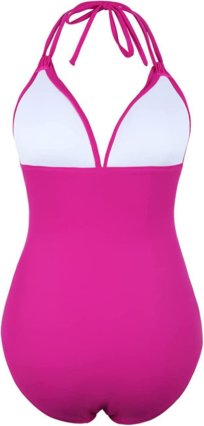 Teal halter one-piece swimsuit with a deep V-neck and ruched detailing on the bodice and sides. - Image 44