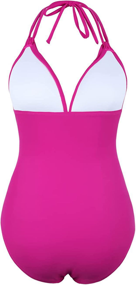 Teal halter one-piece swimsuit with a deep V-neck and ruched detailing on the bodice and sides. - Image 44