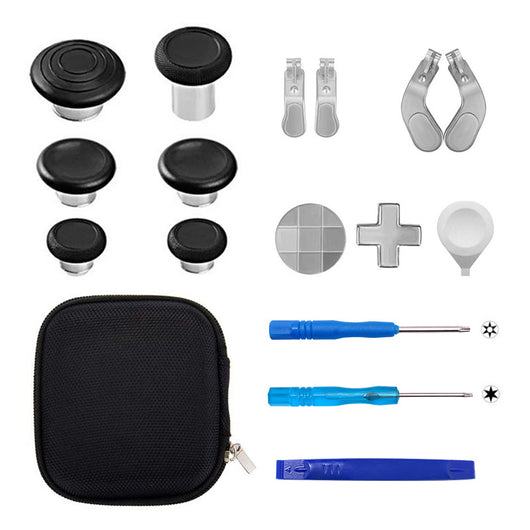 Xbox One Elite Series 2 controller accessory kit with black joysticks, silver D-pads, paddles, screwdrivers, and a storage bag. - Image 48