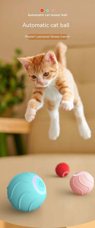Red smart cat toy rolling ball with textured surface and glowing power button, designed for interactive play. - Image 11