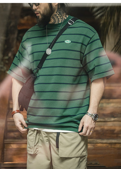 Camisa Retro de Rayas Finas con Contraste y Manga Corta para Hombre - Image 6